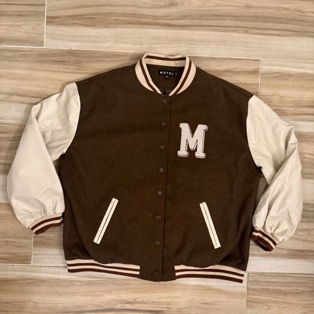 Motel Rocks Brown Varsity Jacket Faux Leather Sleeve Letterman Bomber M